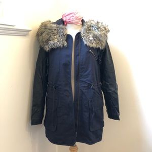 French Connection navy parker with faux leather sleeves, US 2